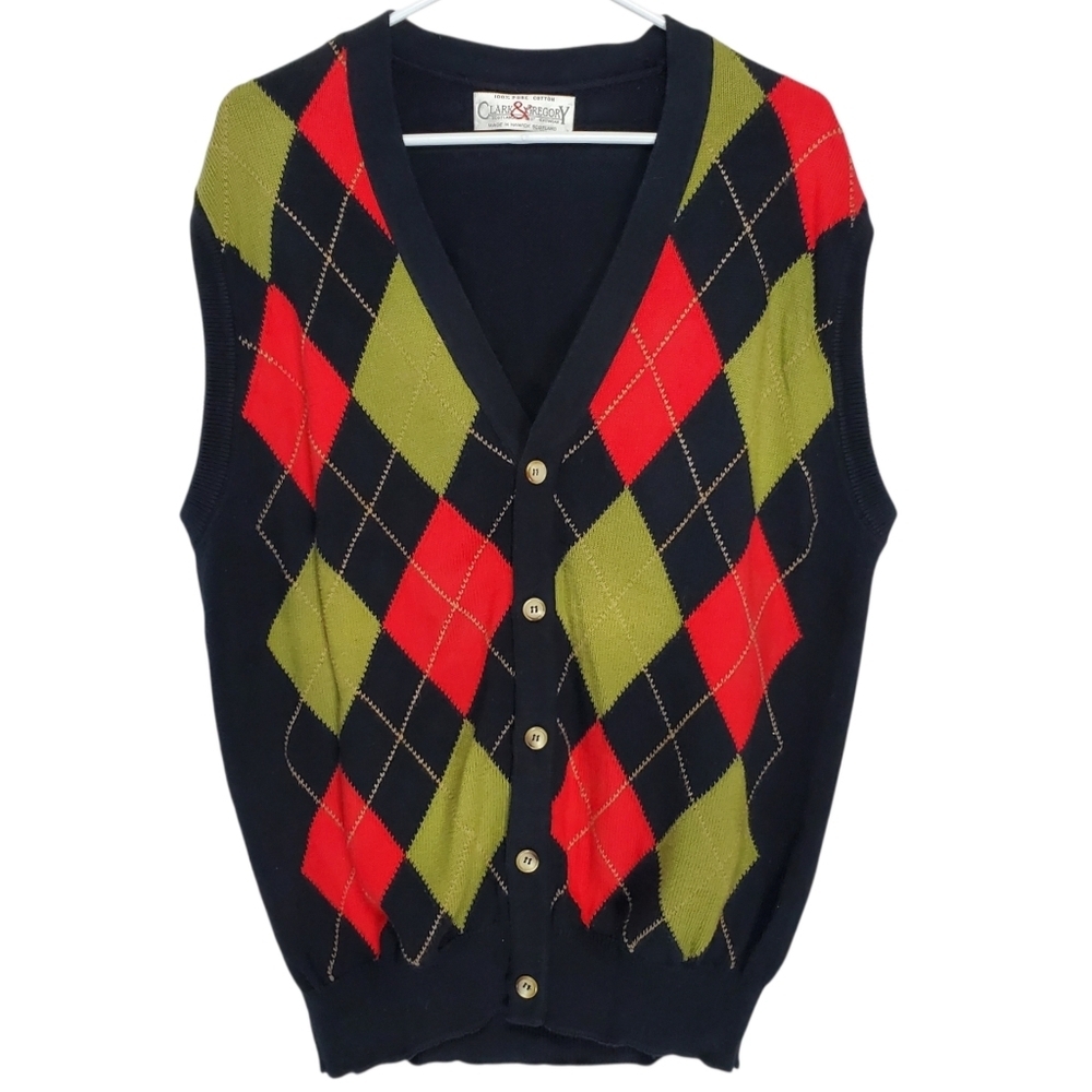 7606 * Clark & Gregory Argyle Sweater Vest Navy Blue Red Size XL Scotland